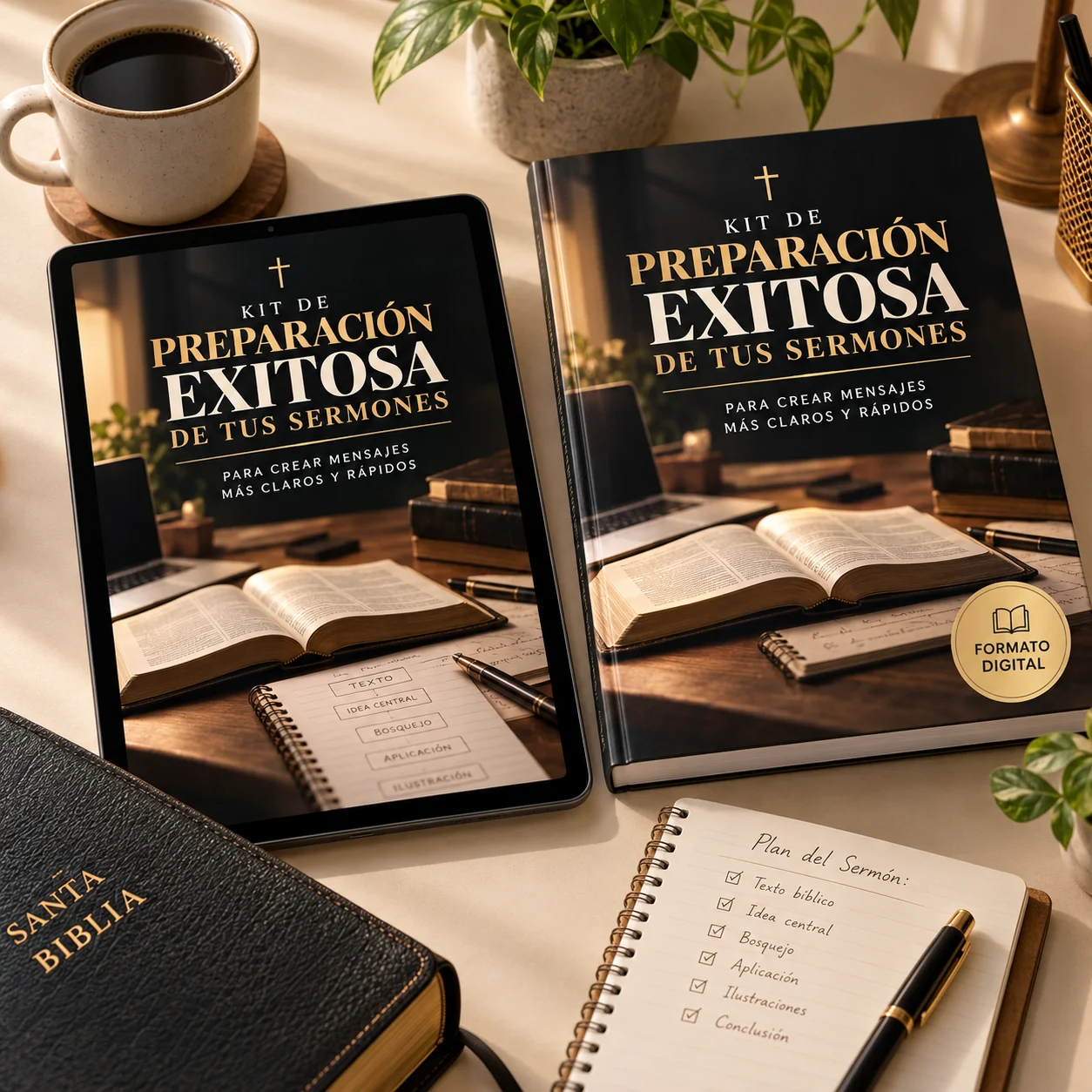 Producto principal completo del bundle de preparación bíblica: tablet y libro del kit sobre un escritorio con Biblia y cuaderno de plan del sermón