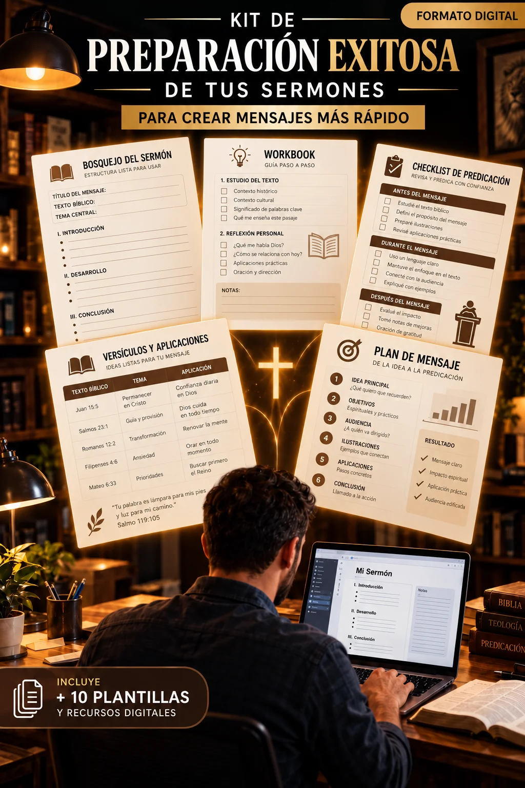 Portada del kit de preparación de sermones: bosquejos, workbook, checklist y plan de mensaje sobre un escritorio de estudio